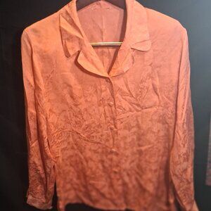 Vintage Rose Satin Jacquard Blouse – Floral Pattern Button-Up – Size Medium
